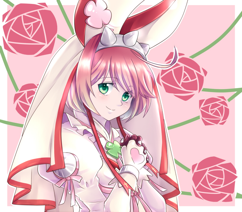 1girl, chinmi_megu, clover, commentary_request, elphelt, flower, four-leaf_clover, gloves