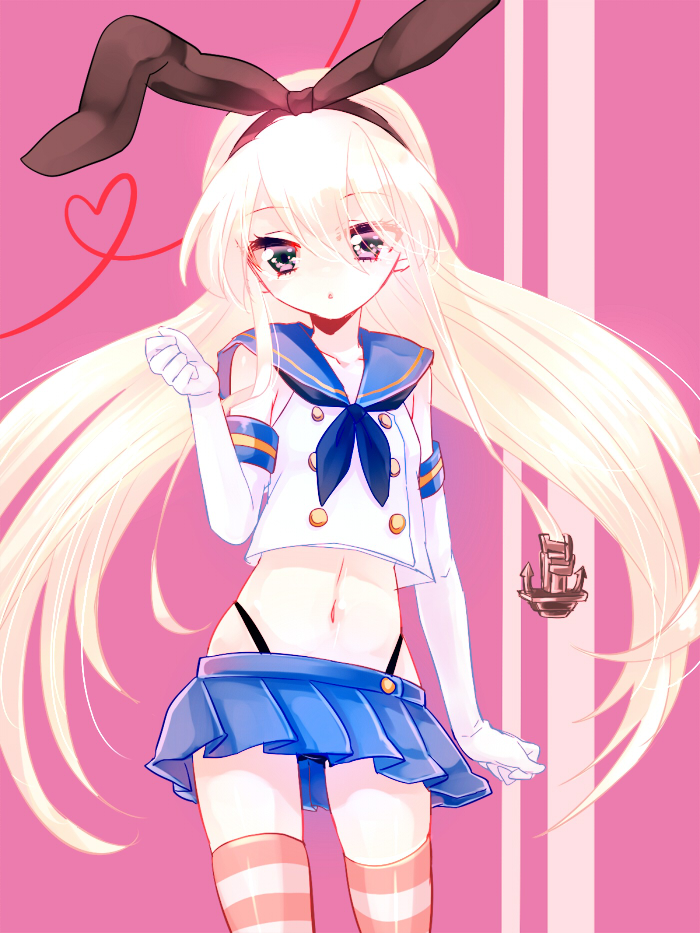 :o, anchor, blonde_hair, blue_eyes, crop_top, crop_top_overhang, gloves, hairband, heart, kantai_collection, long_hair, midriff, navel, rey0, sailor_collar, shimakaze_(kantai_collection), very_long_hair