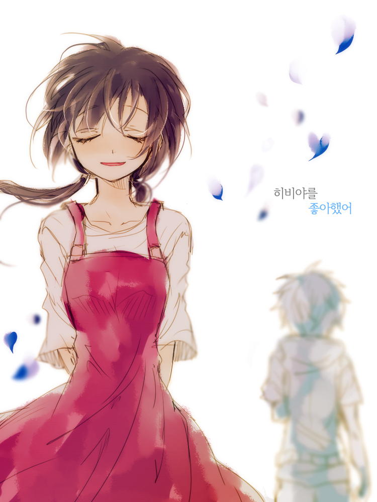 1boy, 1girl, amamiya_hibiya, asahina_hiyori, black_hair, closed_eyes, kagerou_project, korean, long_hair, petals, sha_(euiorn), short_hair, smile, translation_request, twintails