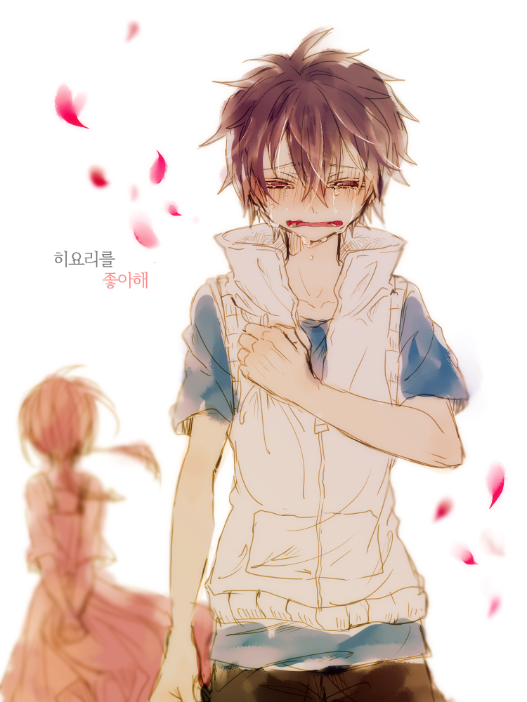 1boy, 1girl, amamiya_hibiya, asahina_hiyori, brown_hair, kagerou_project, korean, petals, sha_(euiorn), short_hair, tears, translation_request