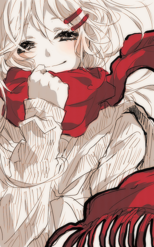 1girl, blush, hair_ornament, hairclip, kagerou_project, long_hair, looking_at_viewer, monochrome, scarf, school_uniform, serafuku, sha_(euiorn), sketch, smile, spot_color, tateyama_ayano