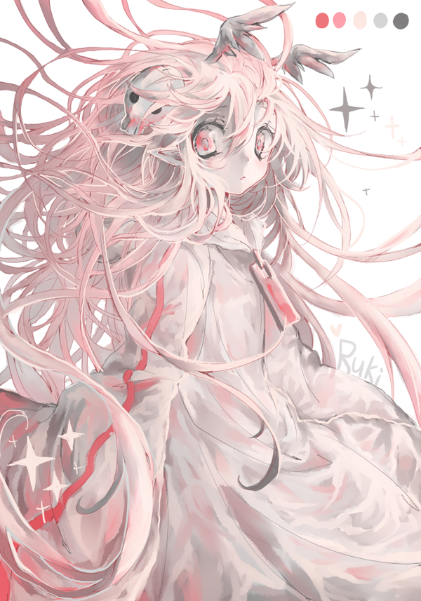 1girl, demon_girl, head_wings, long_hair, pink_eyes, pink_hair, pointy_ears, ruki_(senyuu)