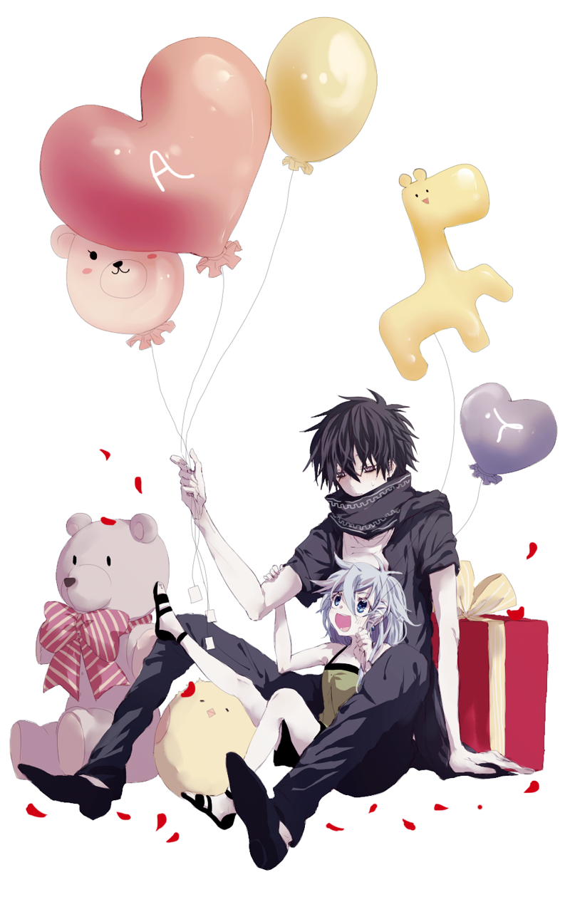 1boy, 1girl, ares_strahl, balloon, black_hair, blue_eyes, blue_hair, blush, gift, highres, petals, sen'yuu., sha_(euiorn), short_hair, stuffed_animal, stuffed_toy, teddy_bear, teufel_diabolos, younger