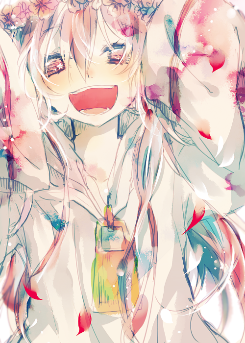 1girl, head_wreath, long_hair, open_mouth, petals, pink_eyes, pink_hair, ruki_(senyuu)