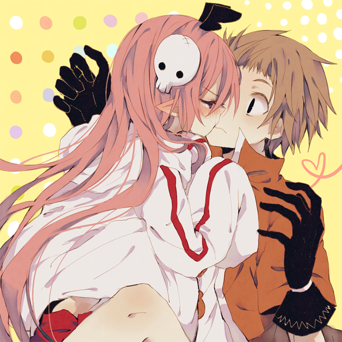 1boy, 1girl, alba_(senyuu), blush, brown_hair, demon_girl, gloves, head_wings