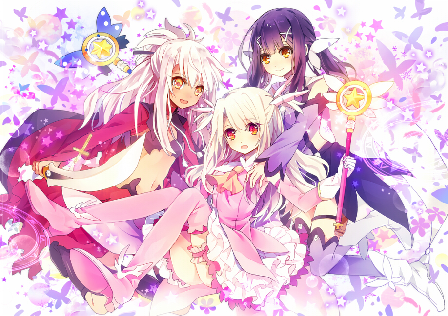 3girls, blonde_hair, boots, butterfly, dark_skin, detached_sleeves, fate/kaleid_liner_prisma_illya, fate_(series), hair_ornament, hair_ribbon, illyasviel_von_einzbern, kanshou_&amp;_bakuya, kuro_(fate/kaleid_liner), long_hair, magical_girl, magical_ruby, magical_sapphire, miyu_edelfelt, multiple_girls, navel, open_mouth, orange_eyes, pink_legwear, prisma_illya, purple_hair, purple_legwear, ranpakranpakranpak, red_eyes, ribbon, silver_hair, skirt, smile, star, thigh-highs, thigh_boots, yellow_eyes