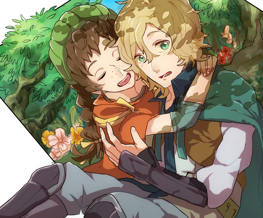 1boy, 1girl, blonde_hair, braid, brown_hair, flower, freckles, green_eyes