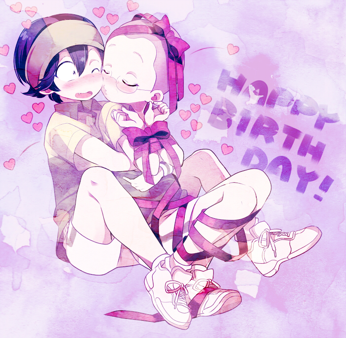 2boys, black_hair, blush, bound_arms, bound_legs, buzz_cut, closed_eyes, english, glasses, happy_birthday, heart, hitouji_yuuji, hug, hug_from_behind, incipient_kiss, konjiki_koharu, male, msp_sammy, multiple_boys, one_eye_closed, ribbon, tennis_no_ouji-sama, yaoi
