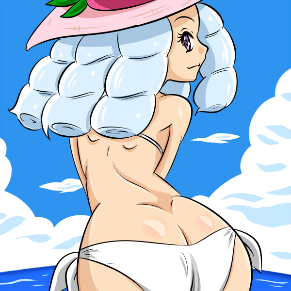1girl, ass, beach, bikini, bikini_bottom, bikini_top, blue_hair, clouds