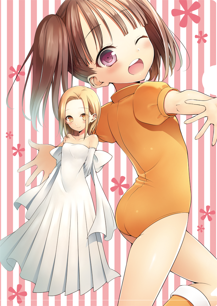 2girls, ass, bare_shoulders, blonde_hair, blush, bodysuit, brown_eyes, brown_hair