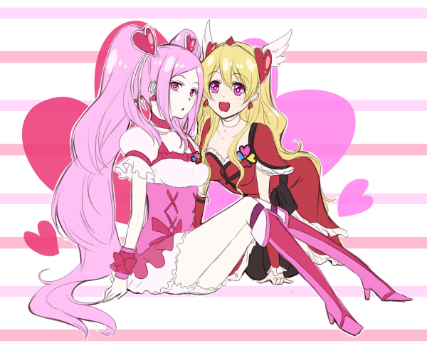 2girls, blonde_hair, boots, choker, cosplay, costume_switch, cure_passion, cure_passion_(cosplay)