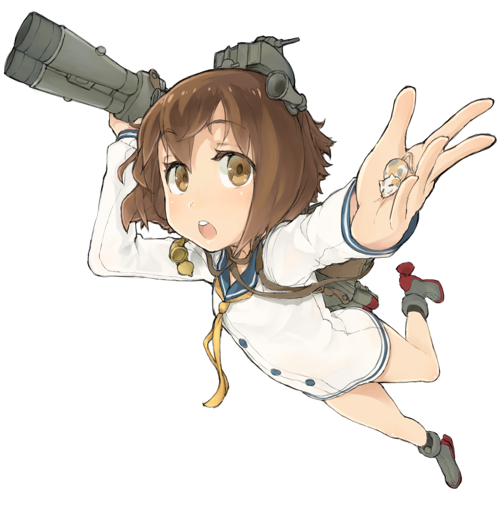 1girl, binoculars, brown_eyes, brown_hair, cat, hair_ornament, kantai_collection, open_mouth