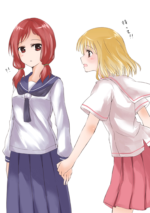blonde_hair, brown_eyes, fukuji_mihoko, hand_holding, holding_hands, kanata_(pixiv), kanata_(sentiment), multiple_girls