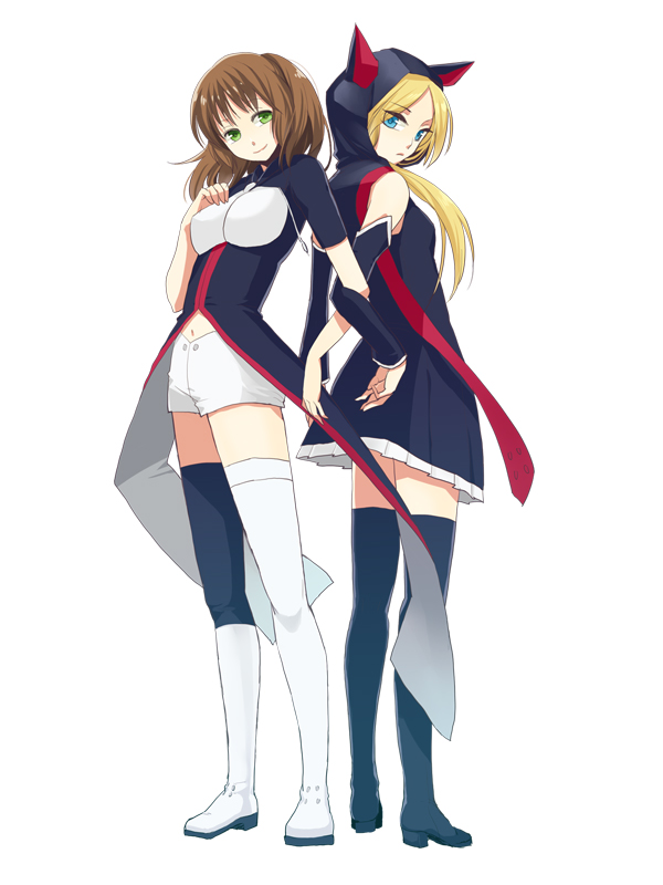 2girls, animal_hood, blonde_hair, blue_eyes, brown_hair, gloves, green_eyes, hood, long_hair, multiple_girls, navel, older, psyren, shorts, siro46, tenjuin_frederica, tenjuin_marie, thigh-highs