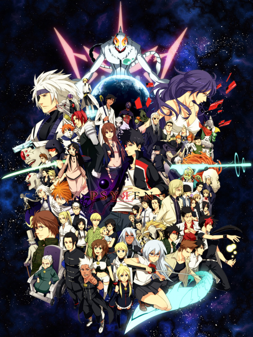 absolutely_everyone, amagi_miroku, amamiya_sakurako, aoi_yusaka, asaga_hiryuu, ash_(psyren), bari_(psyren), black_hair, blonde_hair, brown_hair, cane, caprico_(psyren), dark_skin, delboro_(psyren), dholaki_(psyren), everyone, eyepatch, grana_(psyren), gun, hat, highres, hyoudou_kagetora, ian_(psyren), iba_kouichi, junas_(psyren), katana, kirisaki_kabuto, kirisaki_touji, kise_eiji, kusakabe_yuusuke, long_hair, mana_tatsuo, marco_(psyren), mithra_(psyren), miyake_(psyren), mochizuki_oboro, multicolored_hair, natuichi-7212, nekka_(psyren), nemesis_q, odo_(psyren), okugou_(psyren), ponytail, psyren, redhead, saijou_(psyren), scar, shiner_(psyren), shinonome_chika_(psyren), shinonome_lan, short_hair, silver_hair, sword, taiga_(psyren), tenjuin_elmore, tenjuin_frederica, tenjuin_kyle, tenjuin_marie, tenjuin_shao, tenjuin_van, tomochika_(psyren), top_hat, torotomi_(psyren), two-tone_hair, uranus_(psyren), usui_(psyren), weapon, wheelchair, white_hair, yagumo_matsuri, yoshina_ageha, yoshina_asuka, yoshina_fubuki, yumeji_haruhiko