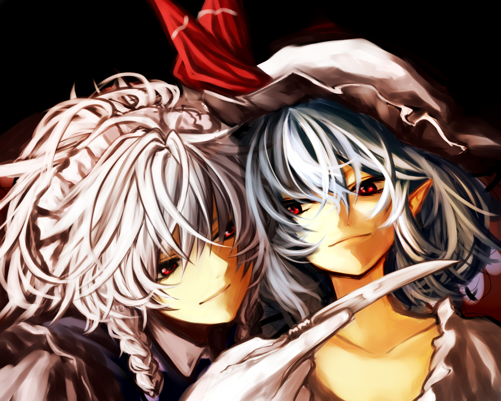 2girls, black_background, bow, braid, collarbone, expressionless, glint, gloves