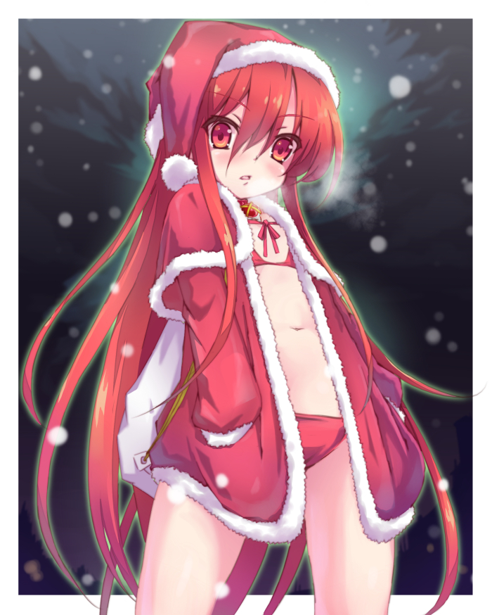 1girl, :o, bikini, blush, capelet, christmas, flat_chest, hands_in_pockets