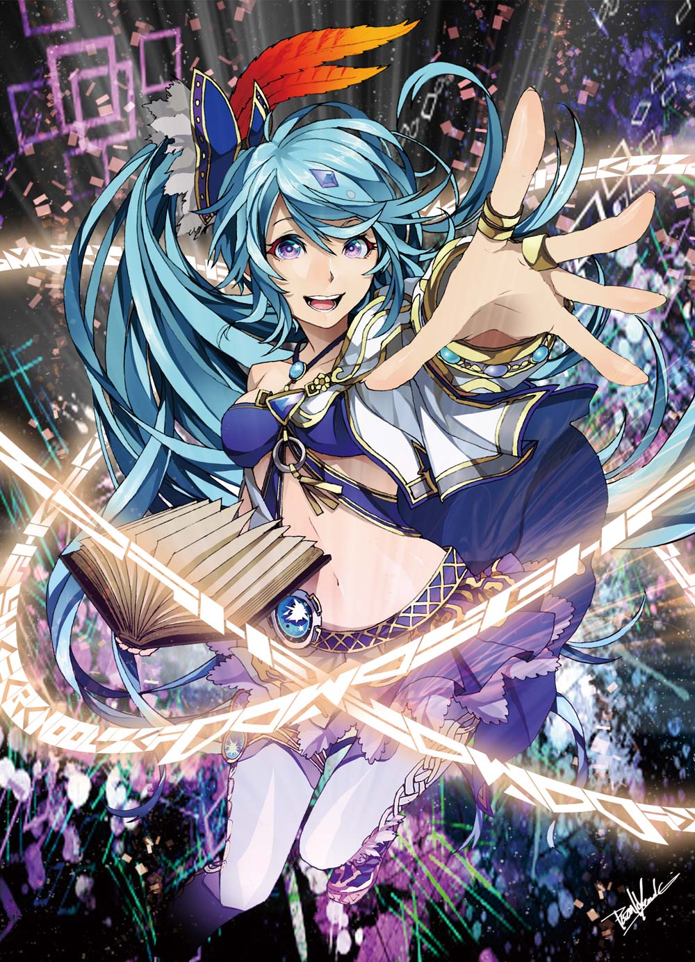 blue_hair, book, highres, isamu-ki_(yuuki), jewelry, lana_(zelda_musou), long_hair, midriff