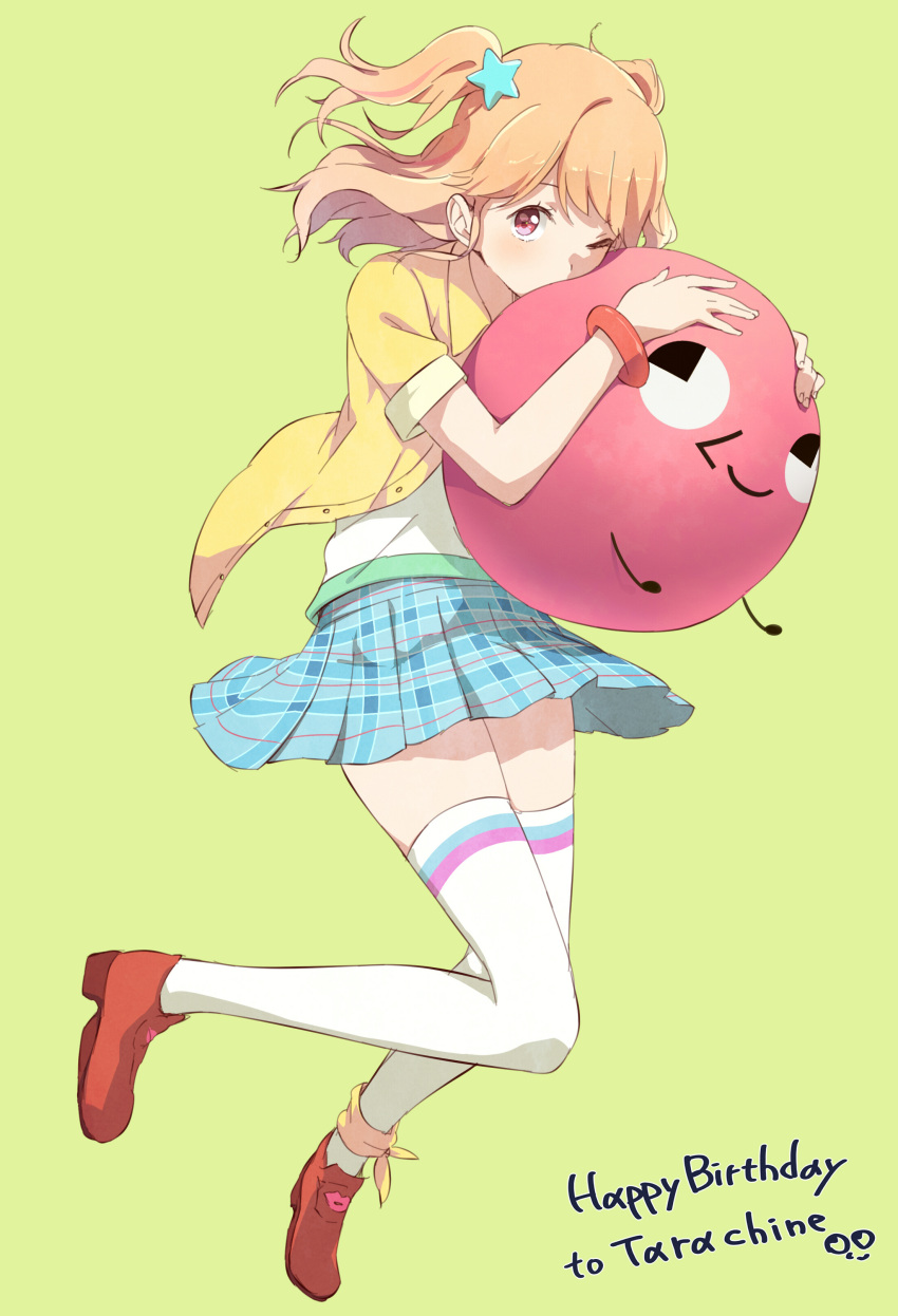 1girl, absurdres, brown_hair, casual, haine, hair_ornament, happy_birthday, highres