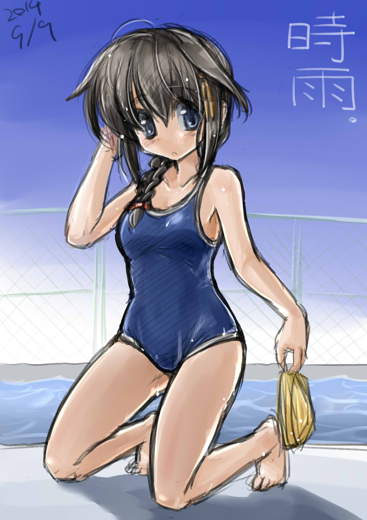 1girl, black_hair, blue_eyes, braid, hair_flaps, hair_ornament, hair_ribbon, highres