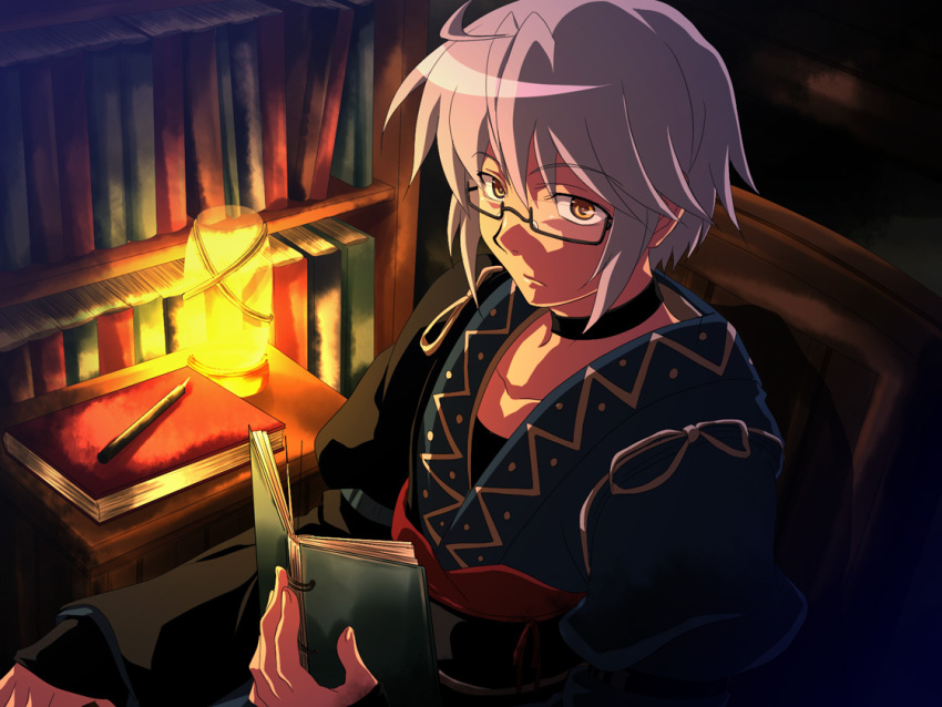 book, bookshelf, choker, glasses, kourindou, mekabu, morichika_rinnosuke, short_hair