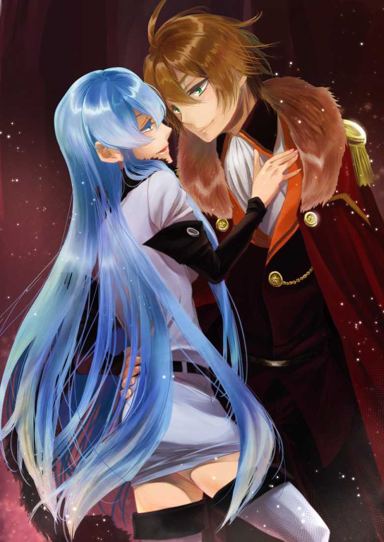 1boy, 1girl, ahoge, akame_ga_kill!, blue_eyes, boots, cz-j, epaulettes, esdeath, fur_trim, green_eyes, hand_on_another's_back, long_hair, military, military_uniform, smile, tatsumi_(akame_ga_kill!), thigh-highs, thigh_boots, uniform, very_long_hair, zettai_ryouiki