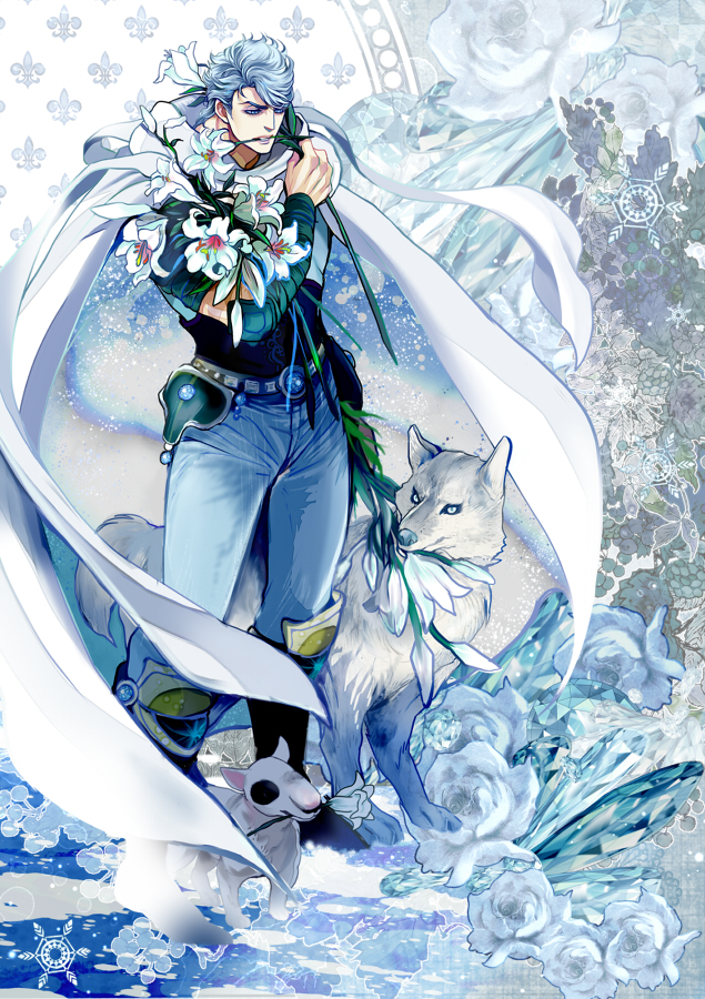 1boy, blue_hair, cape, dog, flower, hokuto_no_ken, isi88, ryuga, short_hair, wolf