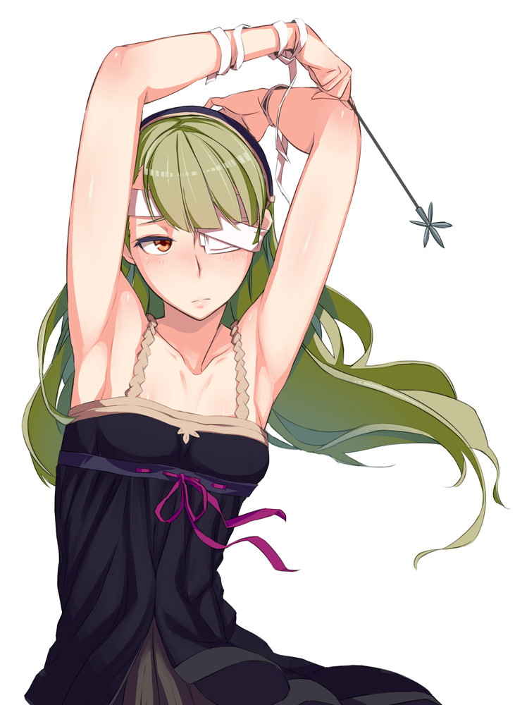 1girl, armpits, arms_up, dress, evelyn_(unlight), eyepatch, flat_chest, green_hair, lips, long_hair, netlk, orange_eyes, ribbon, solo, unlight, wand