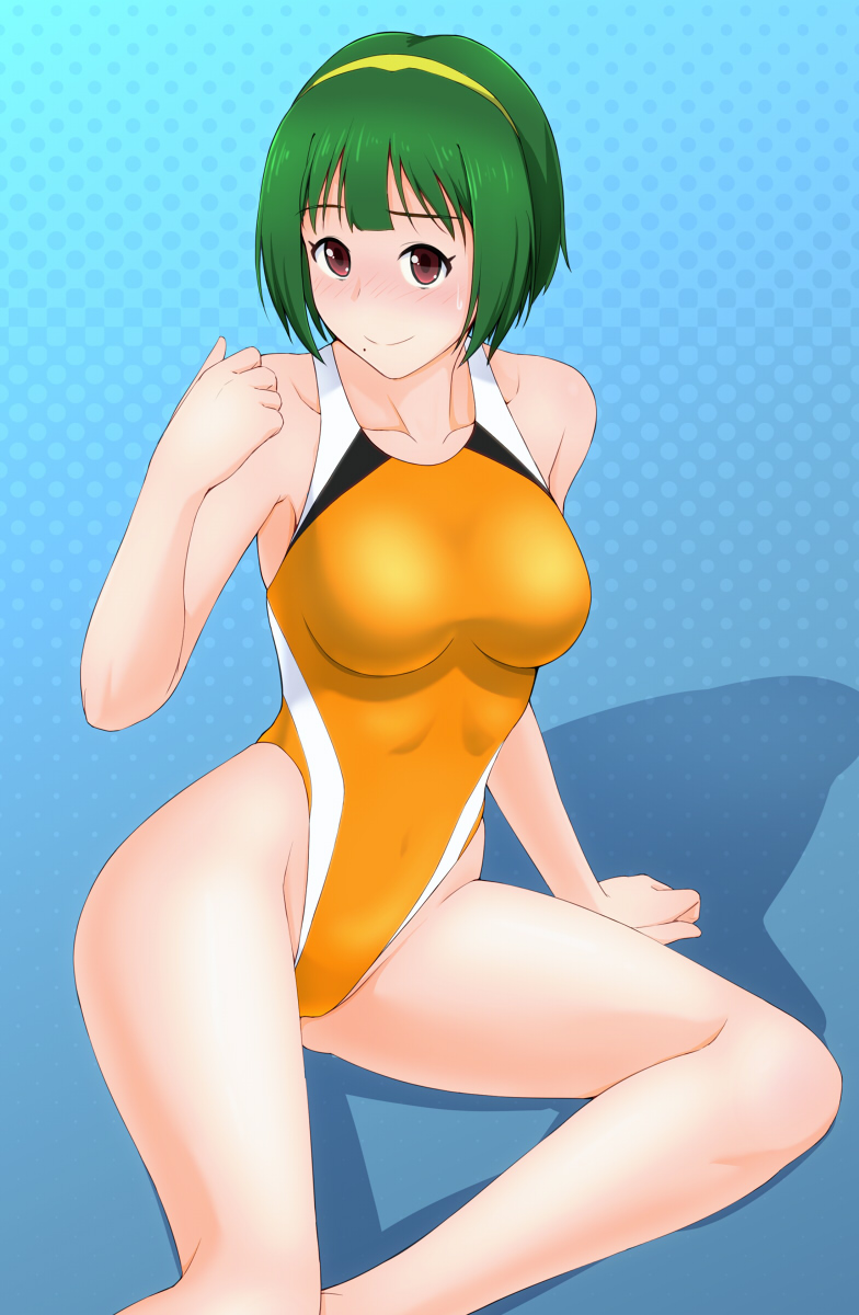 1girl, blush, brown_eyes, competition_swimsuit, green_hair, hairband, highres, idolmaster
