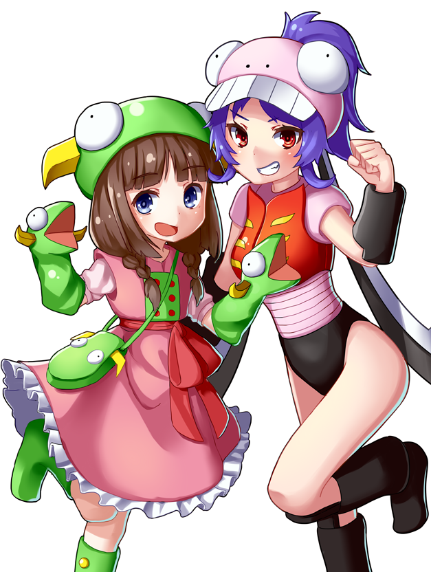 >:), 2girls, :d, blue_eyes, braid, brown_hair, doublas_m2, garada_k7