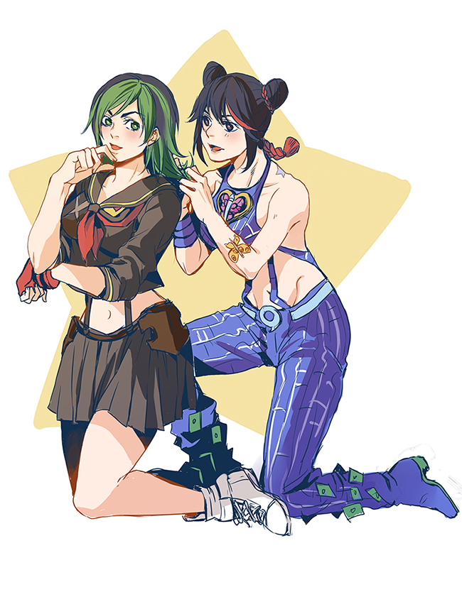 2girls, alternate_hairstyle, black_eyes, black_hair, braid, cosplay, costume_switch, crossover, double_bun, green_eyes, green_hair, hair_down, hairstyle_switch, jojo_no_kimyou_na_bouken, kill_la_kill, kuujou_jolyne, kuujou_jolyne_(cosplay), matoi_ryuuko, matoi_ryuuko_(cosplay), midriff, multicolored_hair, multiple_girls, qi_(bleachcxn), redhead, school_uniform, senketsu, serafuku, short_hair, tattoo, two-tone_hair, tying_hair