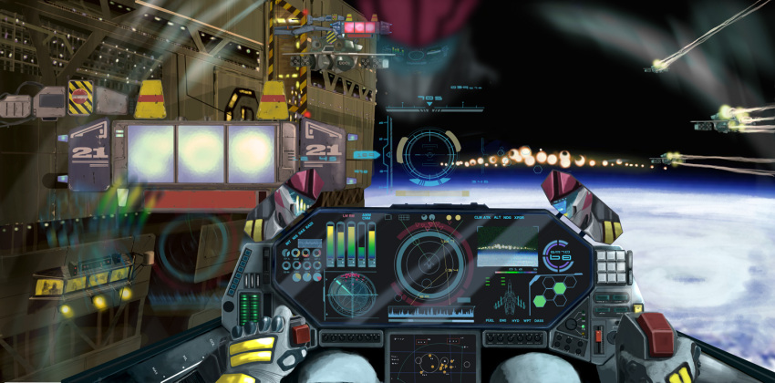 battle, buttons, canopy, choujikuu_yousai_macross, cockpit, condensation_trail, control_stick, earth