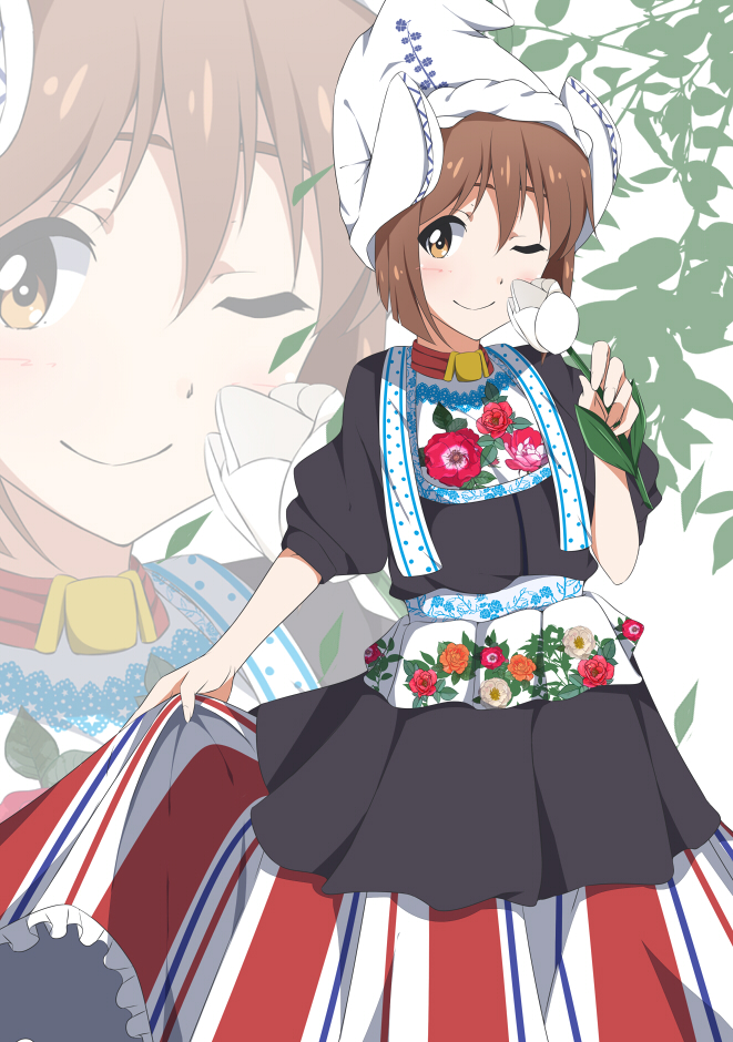 1girl, alternate_costume, brown_hair, dress, dutch_clothes, flower, hagiwara_yukiho, hat, hitotsuki_nanoka, idolmaster, one_eye_closed, short_hair, smile, solo, zoom_layer