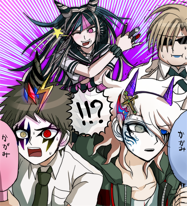 1girl, 3boys, black_hair, blue_eyes, brown_hair, dangan_ronpa, eyeliner, green_eyes