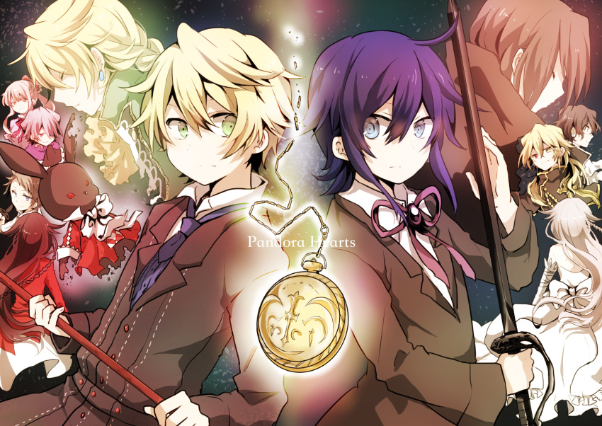 3girls, 6+boys, alice_(pandora_hearts), b-rabbit, black_hair, blonde_hair, blue_eyes, boots, bow, braid, brown_hair, cape, capelet, choker, closed_eyes, detached_sleeves, dress, earrings, elliot_nightray, flower, formal, frills, gilbert_nightray, glasses, gloves, green_eyes, grey_hair, hair_over_one_eye, heterochromia, highres, jack_vessalius, jewelry, leo_(pandora_hearts), long_hair, multiple_boys, multiple_girls, necktie, open_mouth, oswald_baskerville, oz_vessalius, pandora_hearts, ponytail, red_eyes, ribbon, rose, ryukadomatsu, sharon_rainsworth, short_hair, silver_hair, smile, suit, very_long_hair, vincent_nightray, violet_eyes, white_hair, will_of_the_abyss, xerxes_break, yellow_eyes