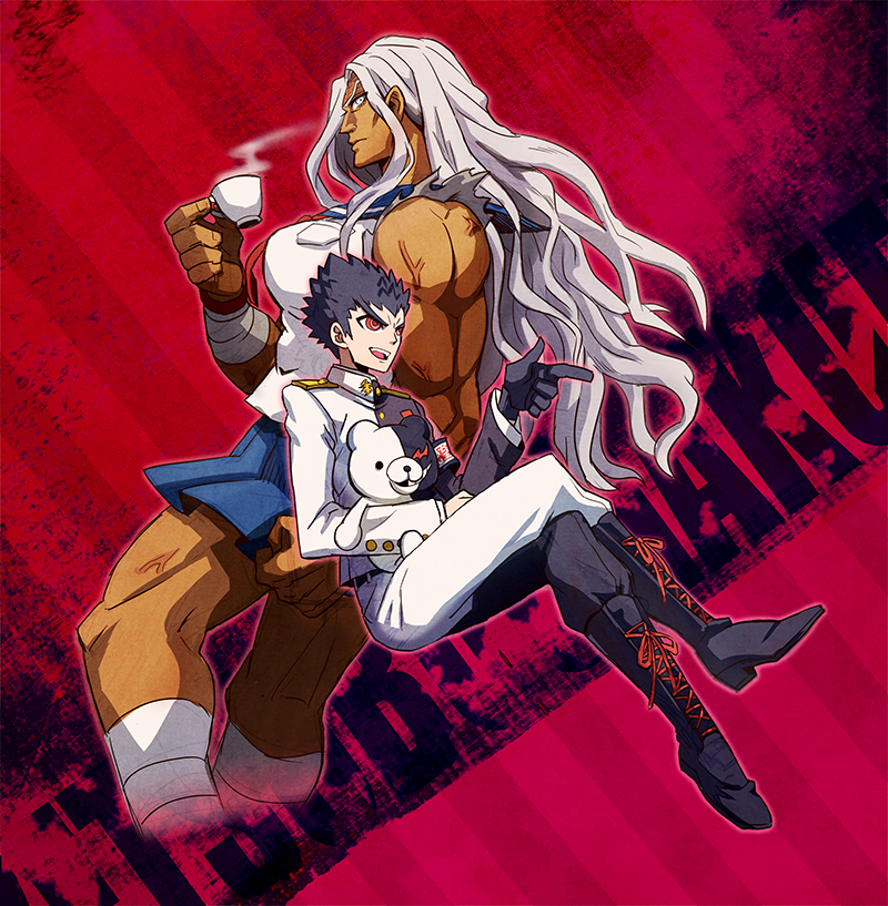 1boy, 1girl, black_gloves, black_hair, blue_eyes, boots, cross-laced_footwear, crossed_legs, cup, dangan_ronpa, dark_skin, gakuran, gloves, ishimaru_kiyotaka, lace-up_boots, monokuma, muscle, oogami_sakura, pink_background, pointing, profile, red_background, red_eyes, school_uniform, serafuku, shiba_wangoro, simple_background, steam, teacup, what_if, white_hair