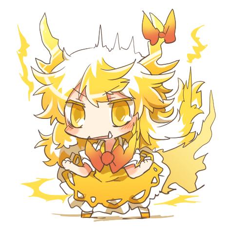 1girl, aura, blush, chibi, clenched_hands, ex-keine, fang, golden_hair