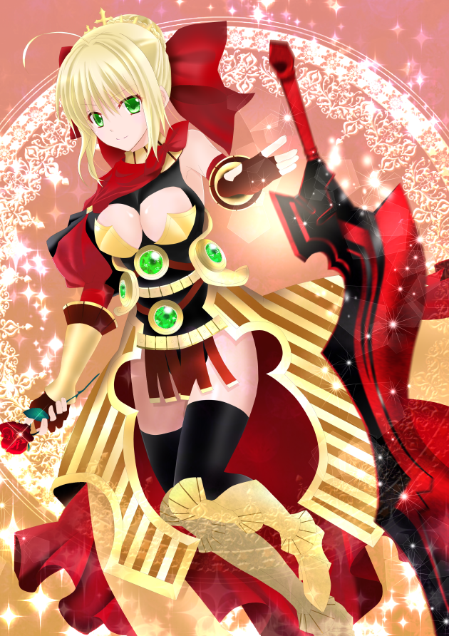1girl, aestus_estus, ahoge, armor, blonde_hair, breasts, fate/extra, fate/extra_ccc