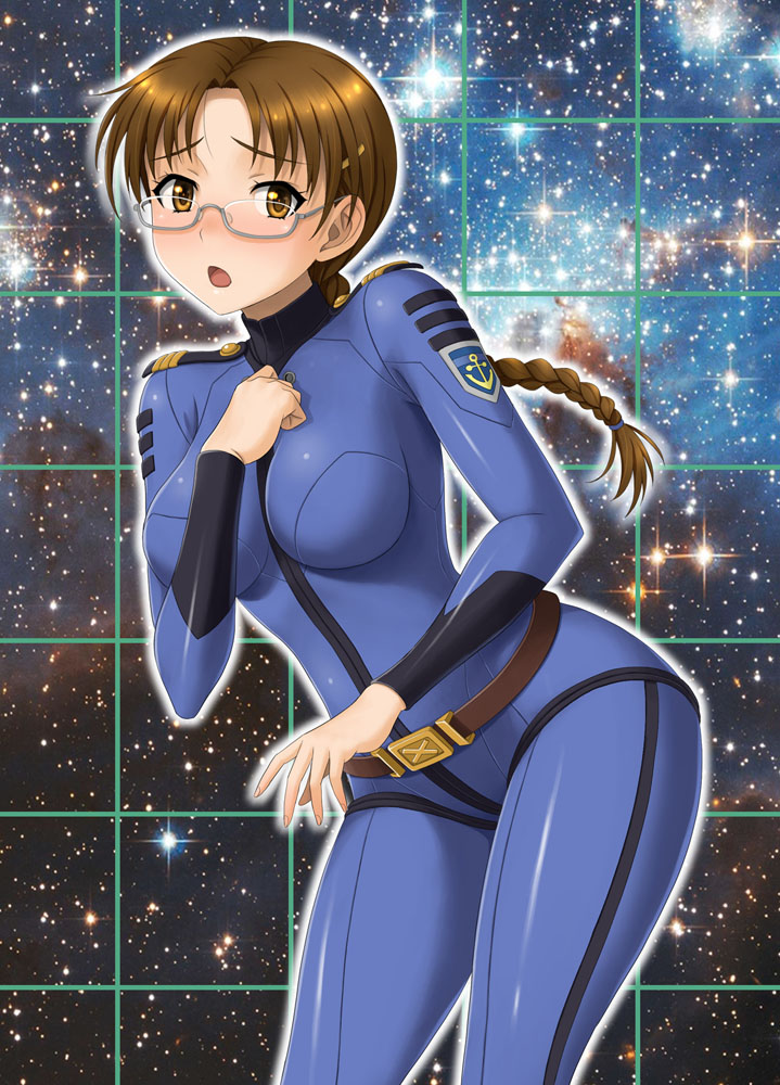 1girl, :o, belt, blush, bodysuit, braid, breasts, brown_eyes