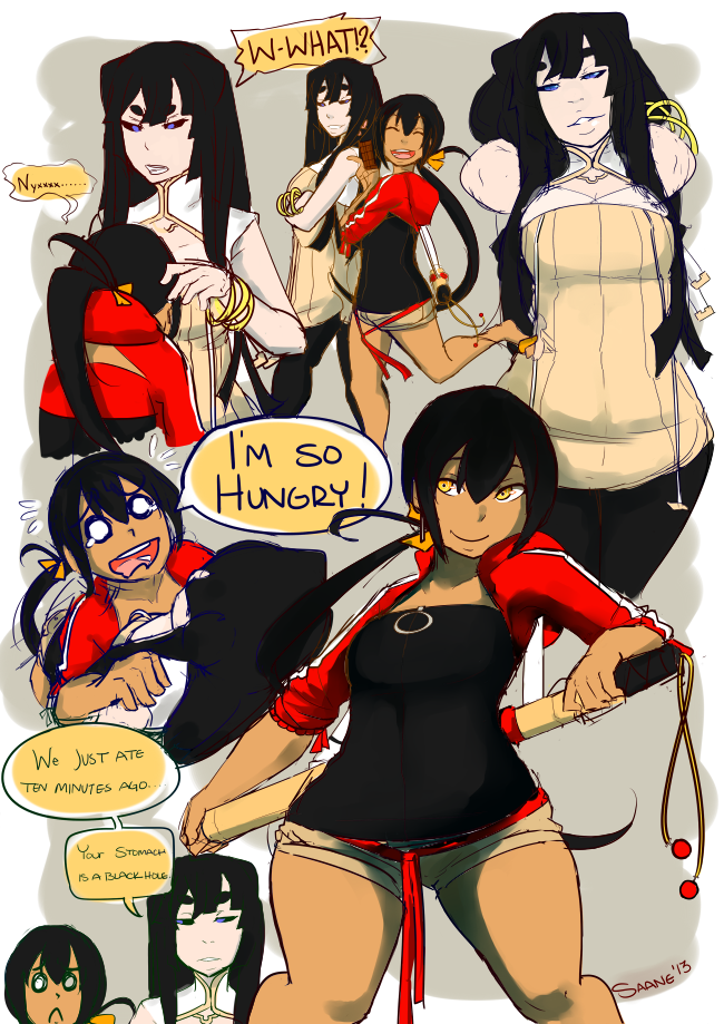 2girls, :c, barefoot, between_breasts, bibi_(orbis_terra), black_hair, black_sclera, breast_smother
