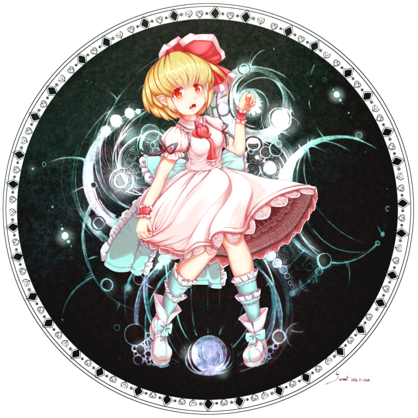 1girl, :o, alternate_costume, blonde_hair, dress, fang, frilled_dress, frills, furim, hair_ribbon, highres, red_eyes, ribbon, rumia, short_hair, solo, touhou, wrist_cuffs