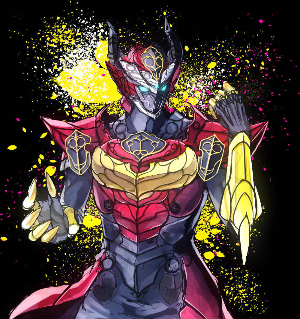 1boy, armor, blue_eyes, clenched_hand, horns, kamen_rider, kamen_rider_gaim_(series), kumon_kaito