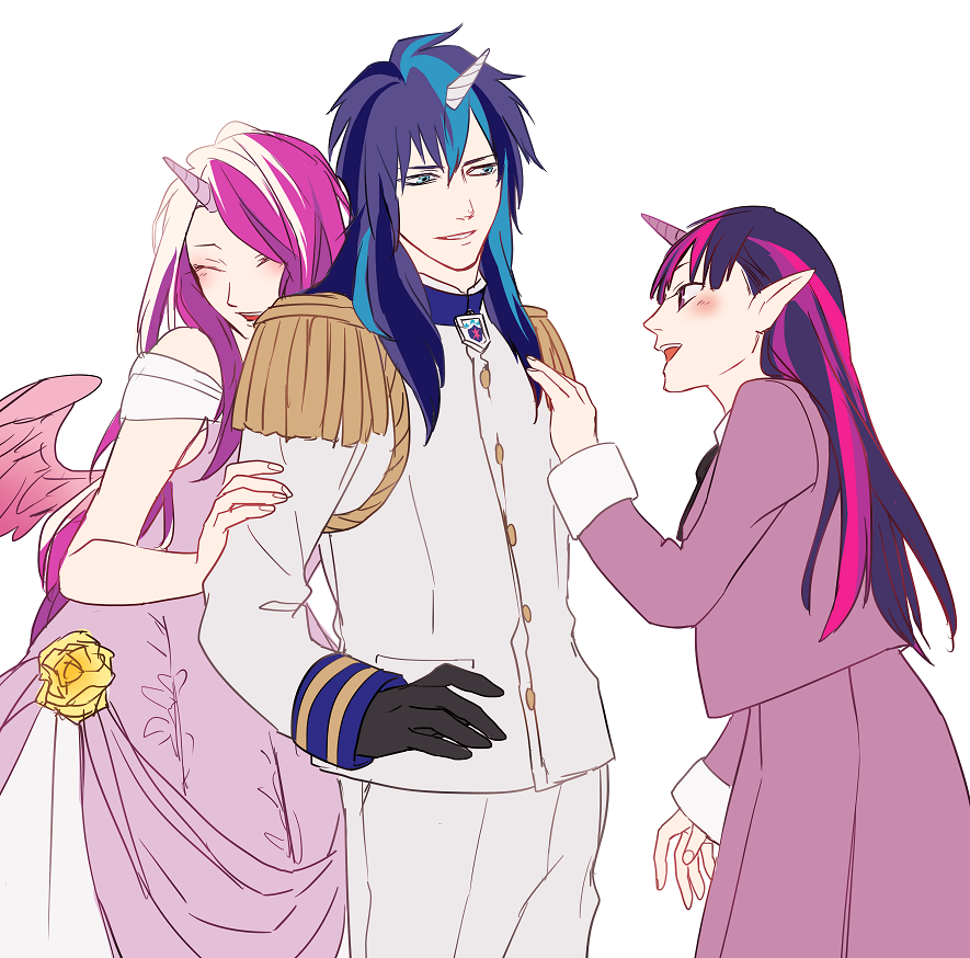 1boy, 2girls, black_gloves, blue_hair, brother_and_sister, closed_eyes, cuddling, dress, epaulettes, gloves, horn, long_hair, multicolored_hair, multiple_girls, my_little_pony, my_little_pony_friendship_is_magic, otani_(gloria), pink_hair, pointy_ears, princess_mi_amore_cadenza, purple_hair, shining_armor, siblings, side, twilight_sparkle, two-tone_hair, uniform, white_background, wings