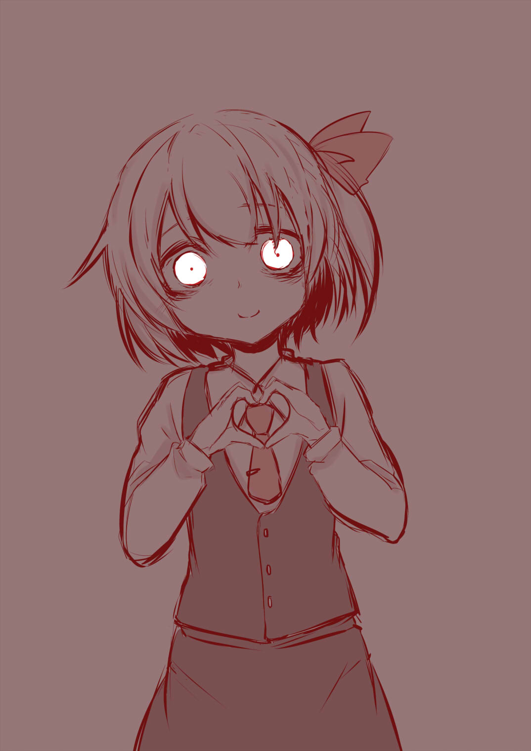 1girl, dark, glowing, glowing_eyes, hair_ribbon, heart, heart_hands, highres