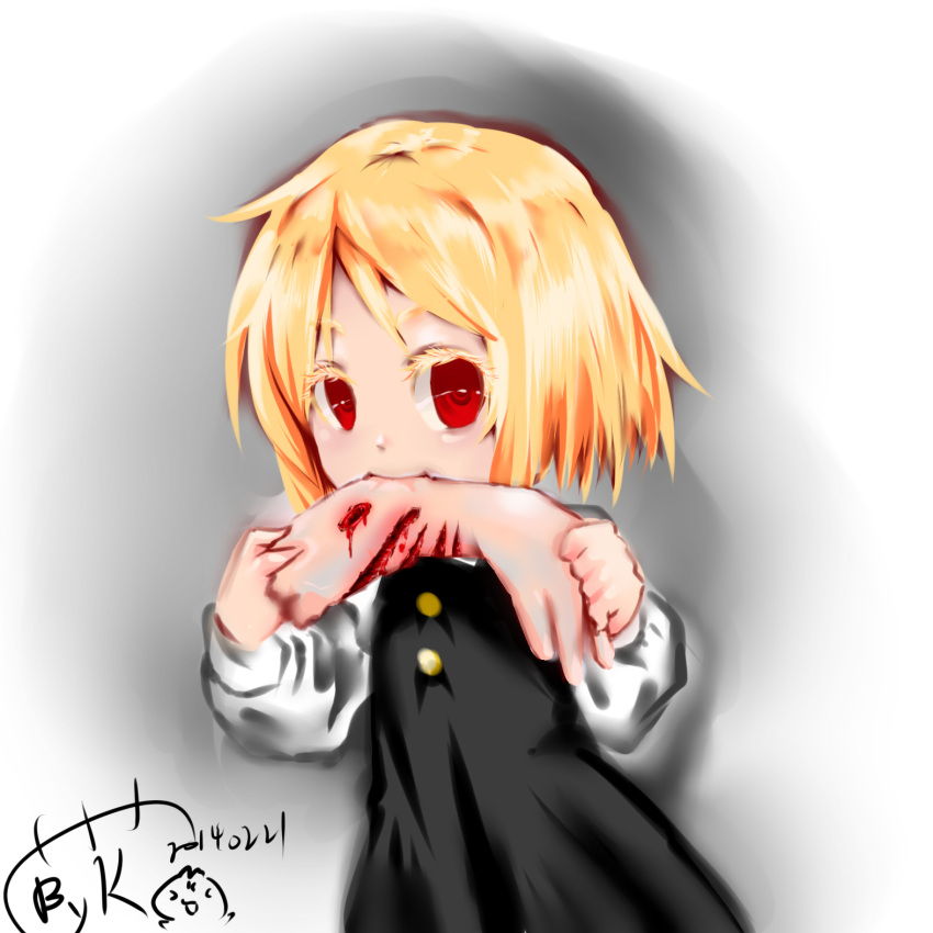 1girl, arm, blonde_hair, blouse, cannibalism, cuts, dress, eating