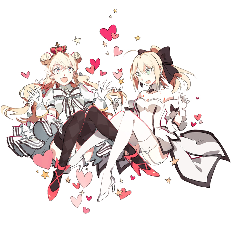 2girls, ahoge, bare_shoulders, blonde_hair, bow, checkered, checkered_legwear, crown, detached_sleeves, double_bun, dress, eiyuu_senki, fate/unlimited_codes, fate_(series), garter_straps, genderswap, gloves, green_eyes, hair_bow, heart, high_heels, king_arthur_(eiyuu_senki), long_hair, multiple_girls, open_mouth, ponytail, ribbon, saber, saber_lily, star, starshadowmagician, thigh-highs