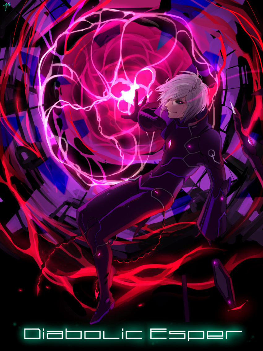 1boy, add_(elsword), armor, black_sclera, bloody_yukime, elsword, energy, facial_mark, full_armor, grey_hair, highres, male, smile, solo, tattoo, violet_eyes
