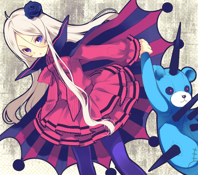 1girl, black_rose, blue_eyes, cape, eiyuu_senki, flat_chest, flower, frills