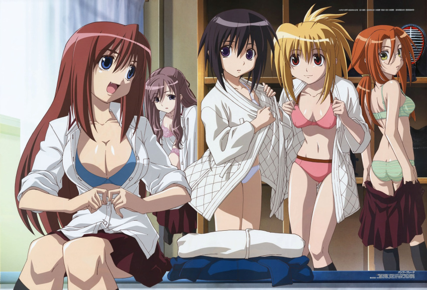 5girls, azuma_satori, bamboo_blade, bra, chiba_kirino, kawazoe_tamaki, kuwahara_sayako, miyazaki_miyako, panties, undressing