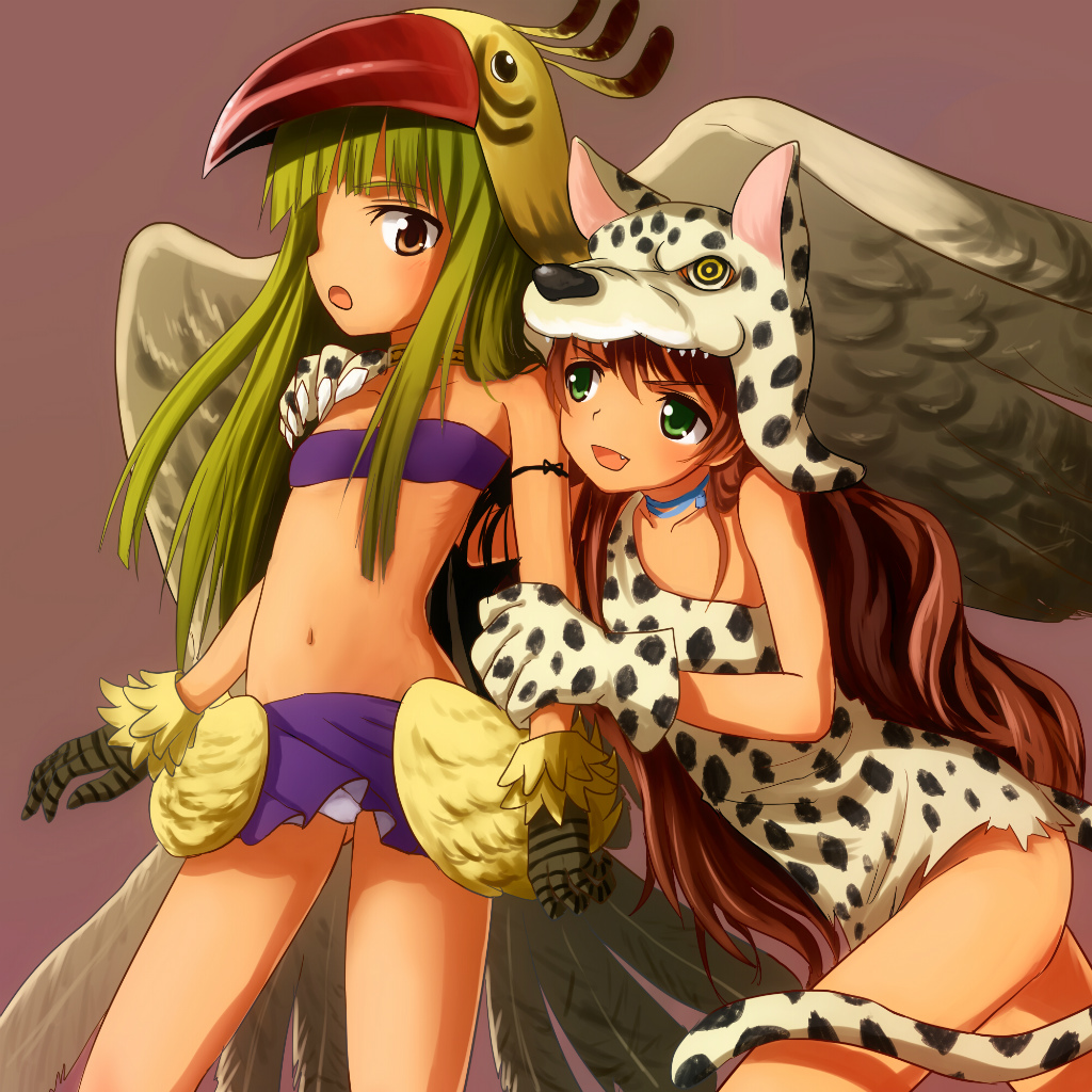 2girls, aksman, animal_costume, animal_hood, brown_hair, claws, eiyuu_senki, genderswap